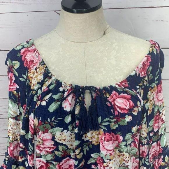 Umgee Woman's Blue Floral Print Scoop Neck Cotton Peasant Blouse Size Small - Picture 5 of 7